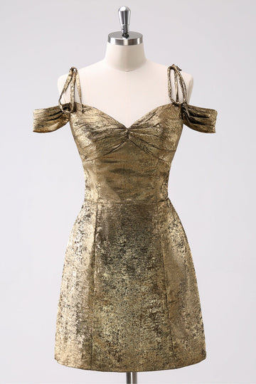 Vestido corto dorado de regreso a casa con hombros fríos